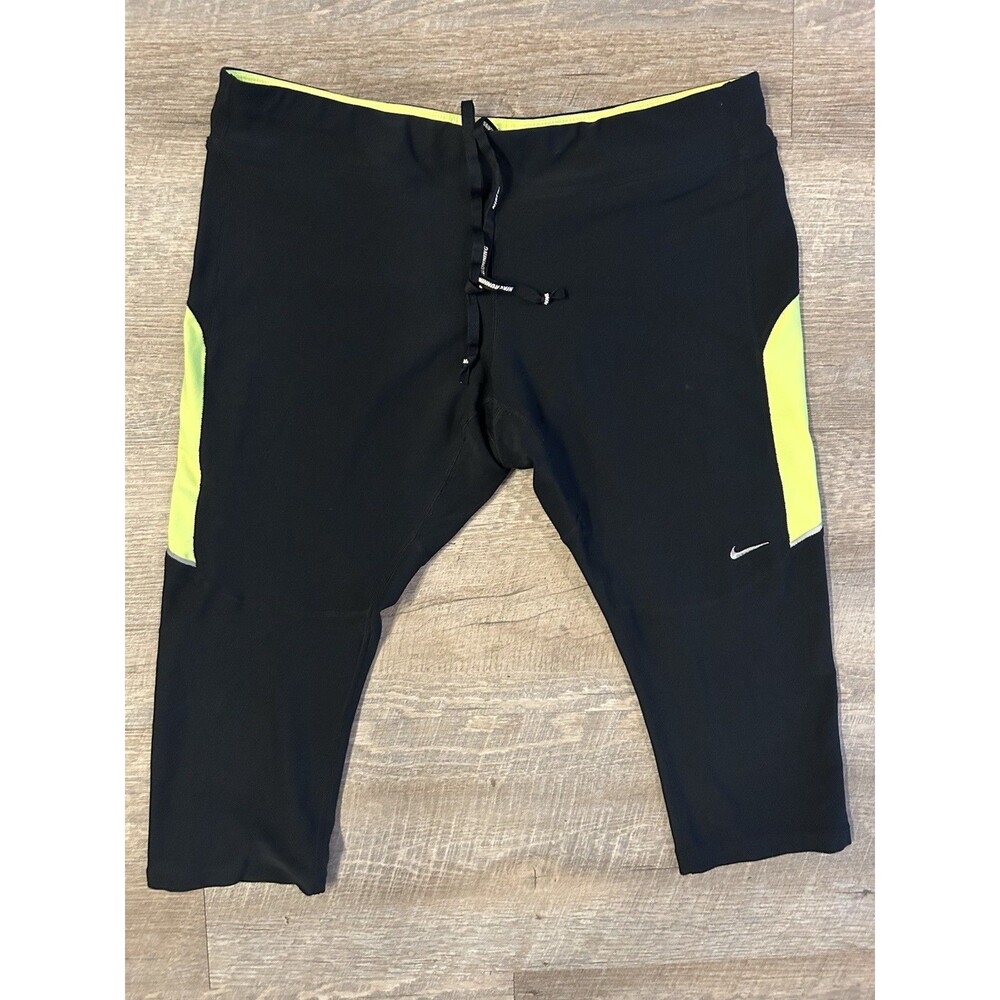 Nike Dri Fit Running Leggings Womens XL Black Neon Yellow Capri Crop Zip Pocket